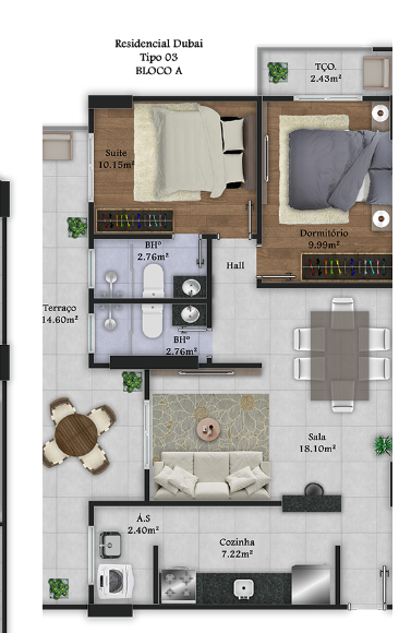 Planta arquitetônica: Residencial Dubai, Tipo 03, Torre A — sala, cozinha, área de serviço, suíte com banheiro, segundo dormitório, banheiro social, terraço principal e sacada (TCO).